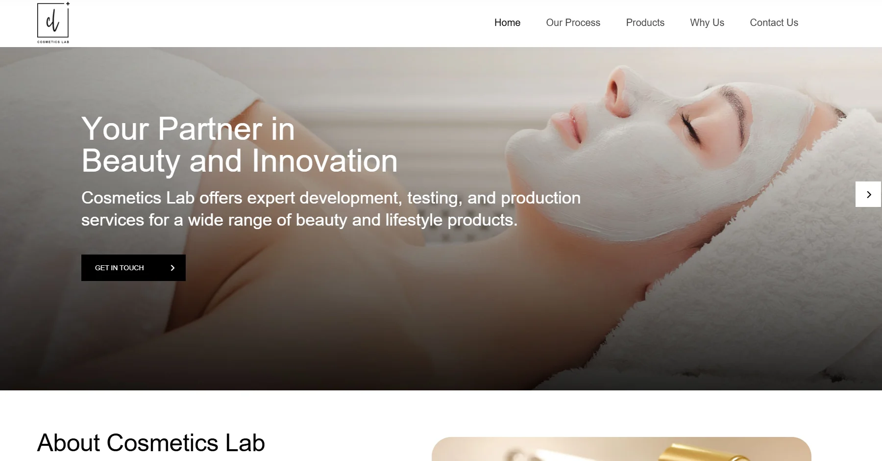 Cosmetic Lab homepage with text about beauty and innovation services and options to get in touch.